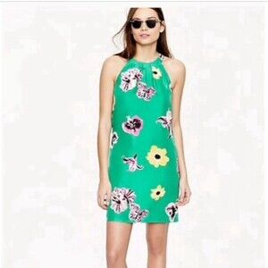 J. Crew Silk Halter Swoop Mini Dress Women’s 10 Green Pink Yellow Floral Preppy